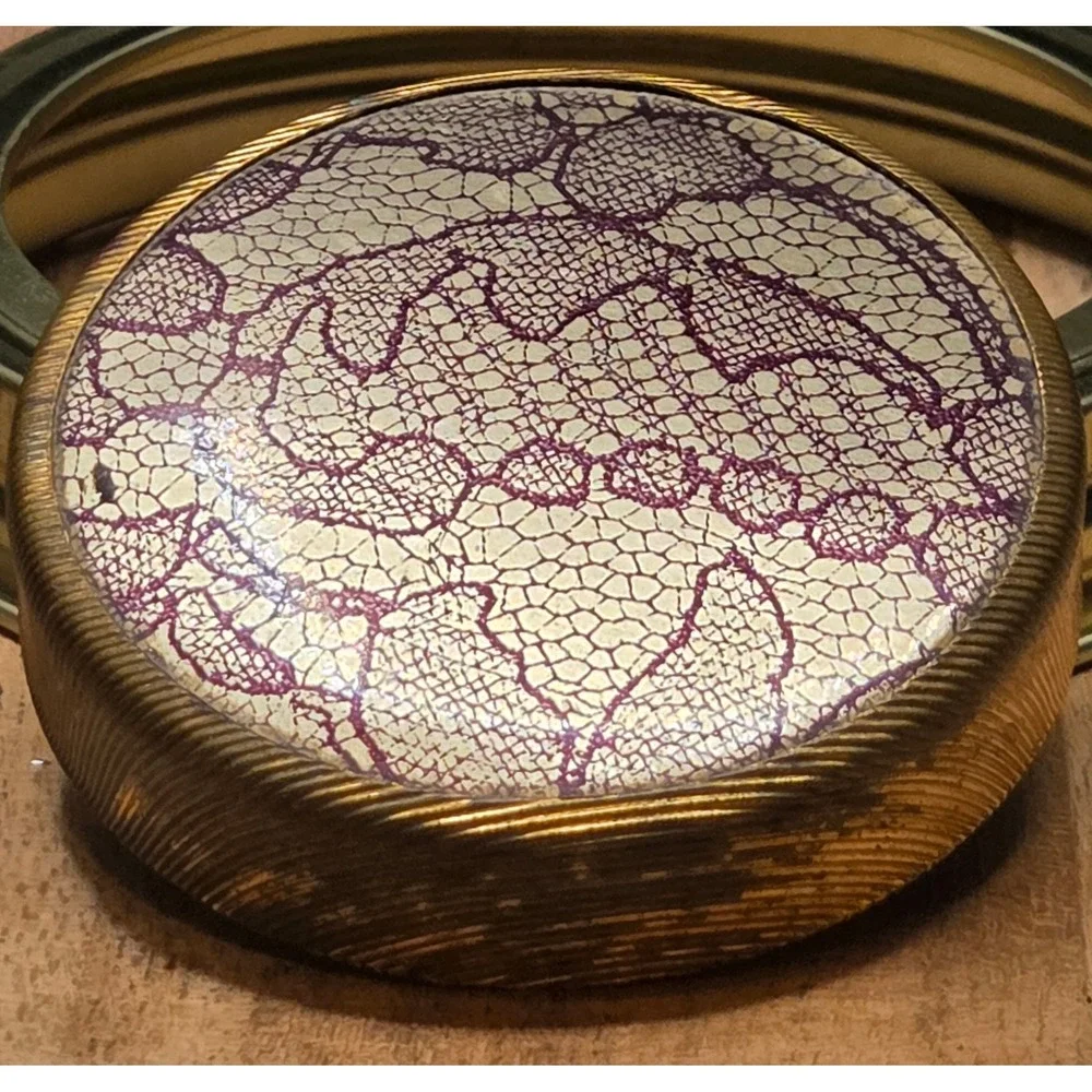 Vintage Cut Crystal Vanity Jar Brass‎ Lace Lid Small Gold Purple Trinket Box